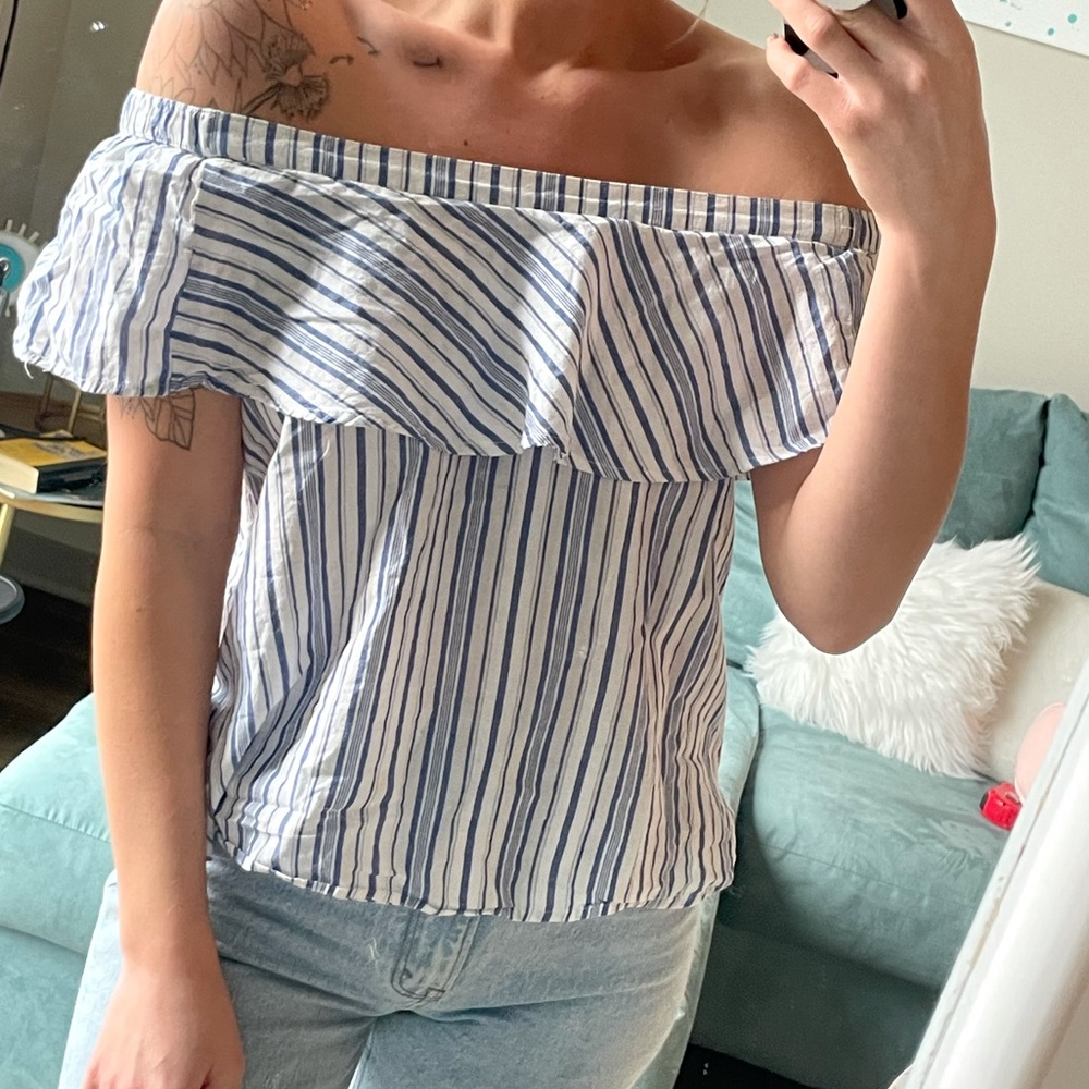 Blue Striped Off the Shoulder Ruffle Top